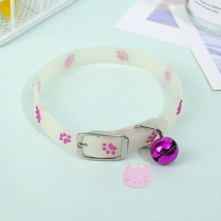 "Glow-in-the-Dark Pet Collar - Adjustable Luminous Collar with Paw Charm"