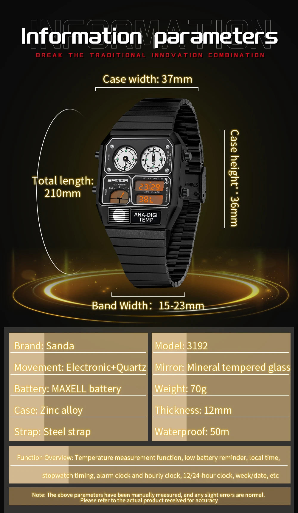 "SANDA Square Digital Watch - Steel Band with Temperature & Stopwatch"