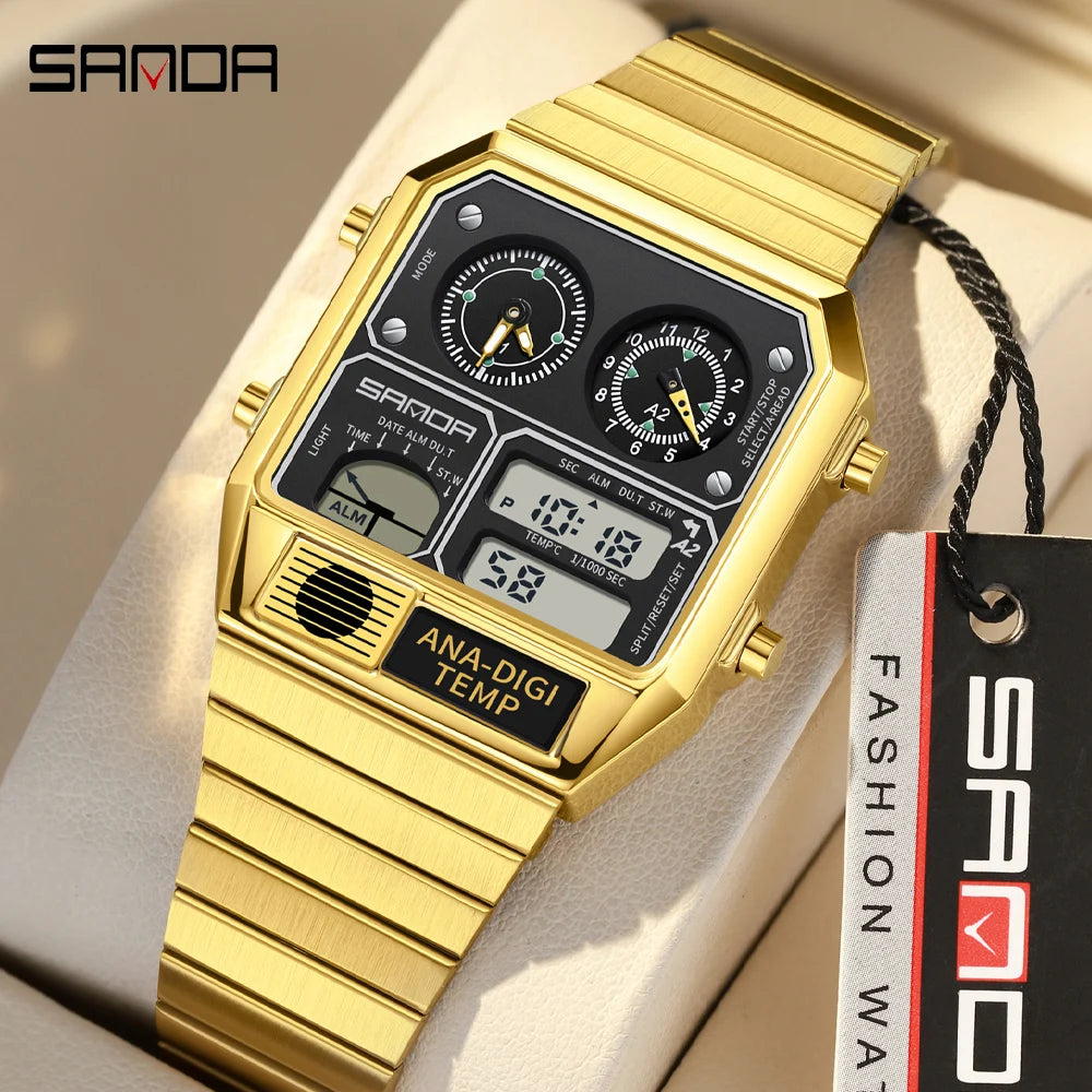 "SANDA Square Digital Watch - Steel Band with Temperature & Stopwatch"