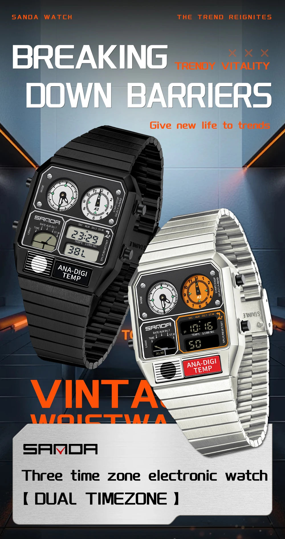 "SANDA Square Digital Watch - Steel Band with Temperature & Stopwatch"