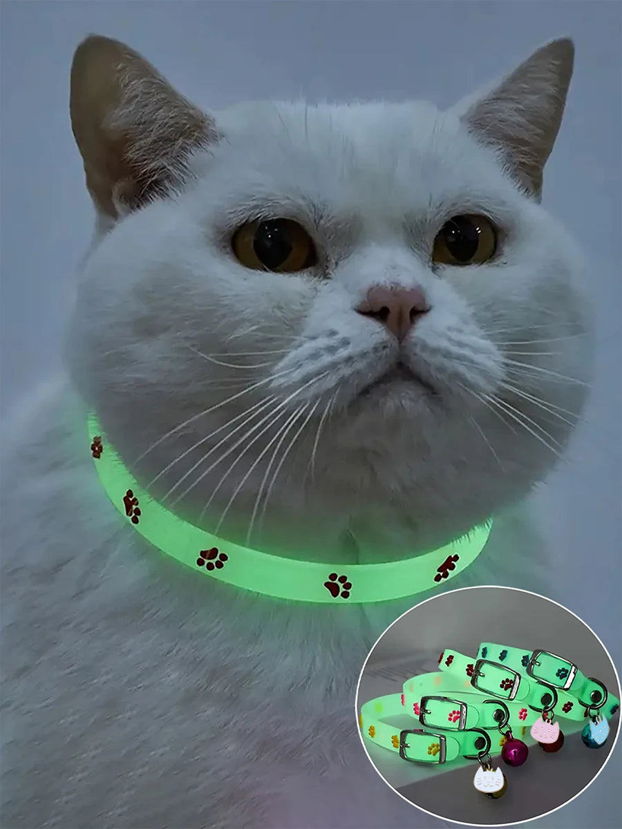 "Glow-in-the-Dark Pet Collar - Adjustable Luminous Collar with Paw Charm"
