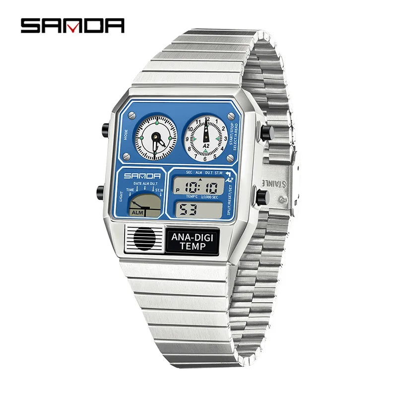 "SANDA Square Digital Watch - Steel Band with Temperature & Stopwatch"