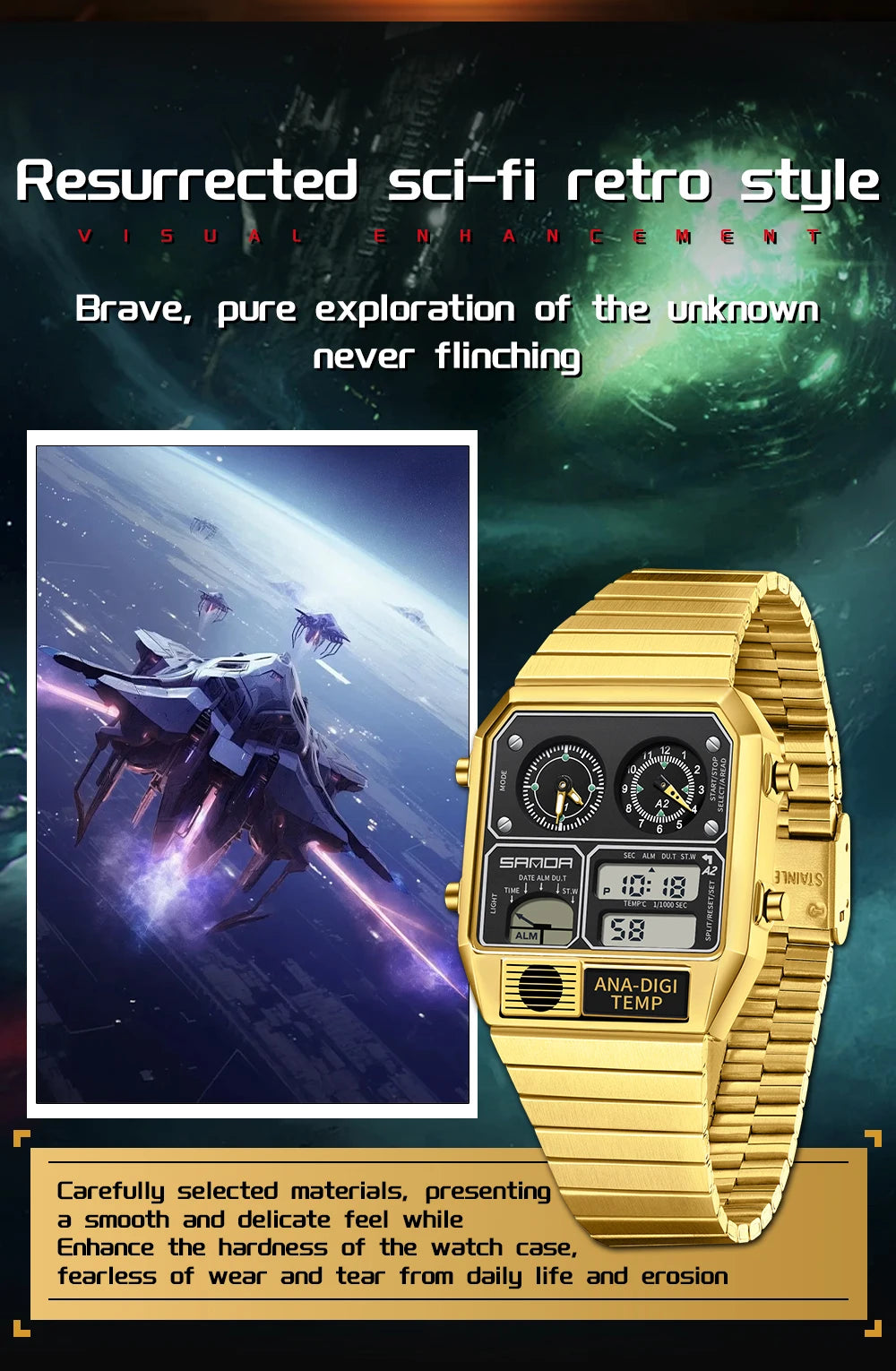 "SANDA Square Digital Watch - Steel Band with Temperature & Stopwatch"