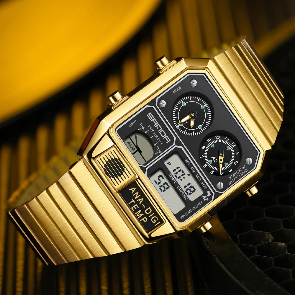 "SANDA Square Digital Watch - Steel Band with Temperature & Stopwatch"
