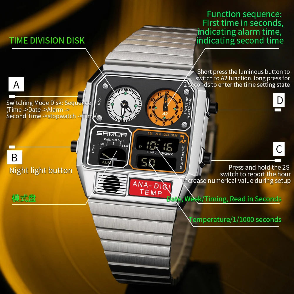 "SANDA Square Digital Watch - Steel Band with Temperature & Stopwatch"