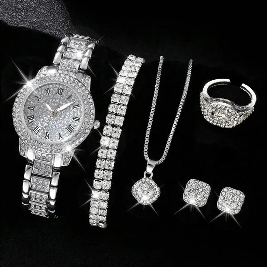 Luxury Rhinestone Jewelry Set (6 Pieces) – Watch, Bracelet, Necklace, Ring & Earrings