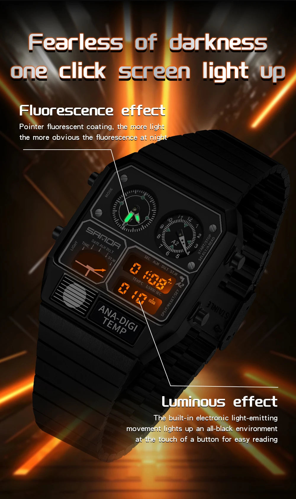 "SANDA Square Digital Watch - Steel Band with Temperature & Stopwatch"