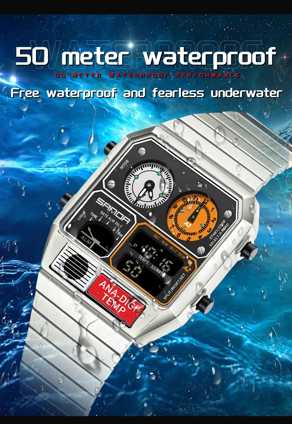 "SANDA Square Digital Watch - Steel Band with Temperature & Stopwatch"