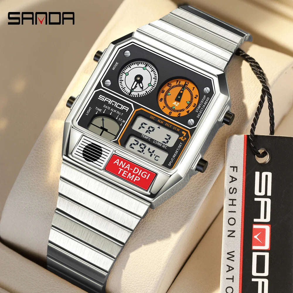 "SANDA Square Digital Watch - Steel Band with Temperature & Stopwatch"