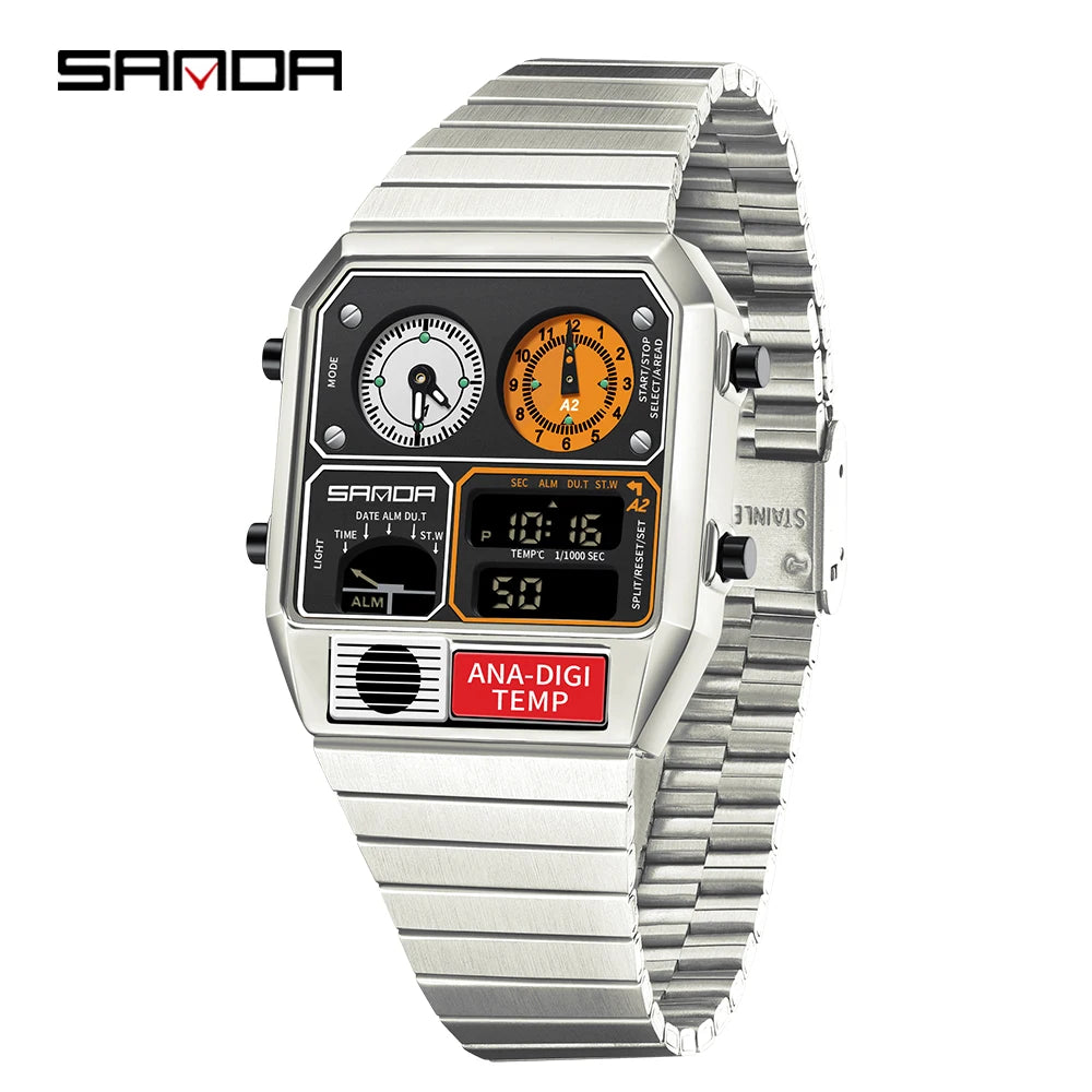 "SANDA Square Digital Watch - Steel Band with Temperature & Stopwatch"