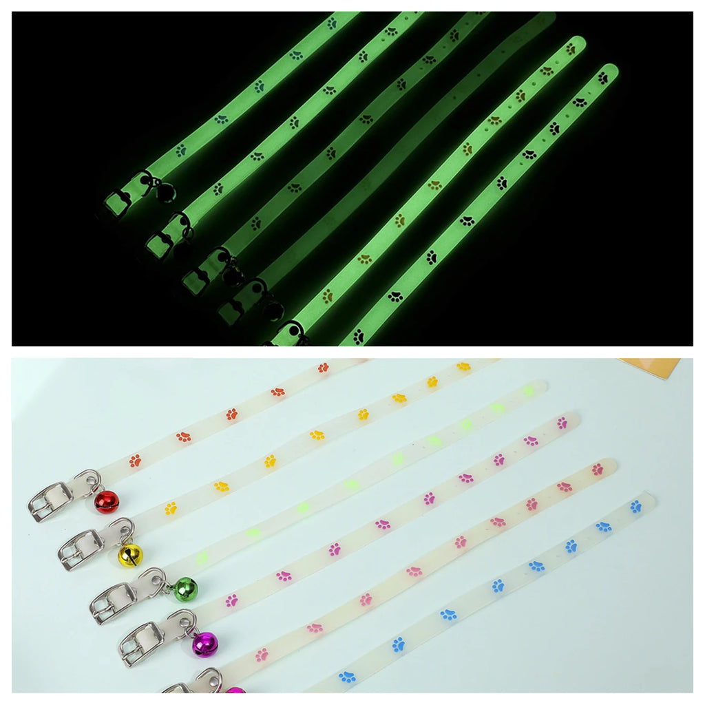 "Glow-in-the-Dark Pet Collar - Adjustable Luminous Collar with Paw Charm"