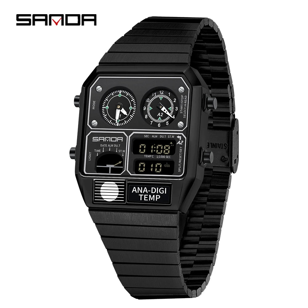 "SANDA Square Digital Watch - Steel Band with Temperature & Stopwatch"