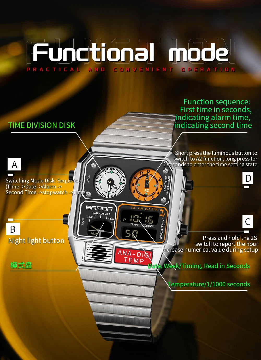 "SANDA Square Digital Watch - Steel Band with Temperature & Stopwatch"