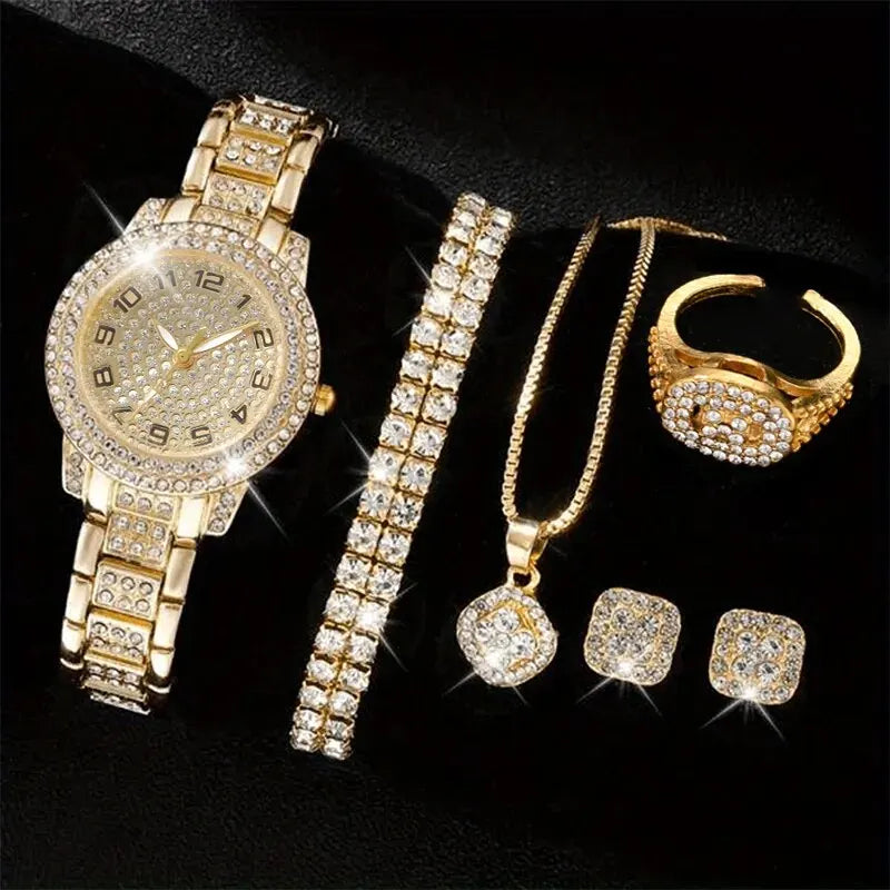 Luxury Rhinestone Jewelry Set (6 Pieces) – Watch, Bracelet, Necklace, Ring & Earrings