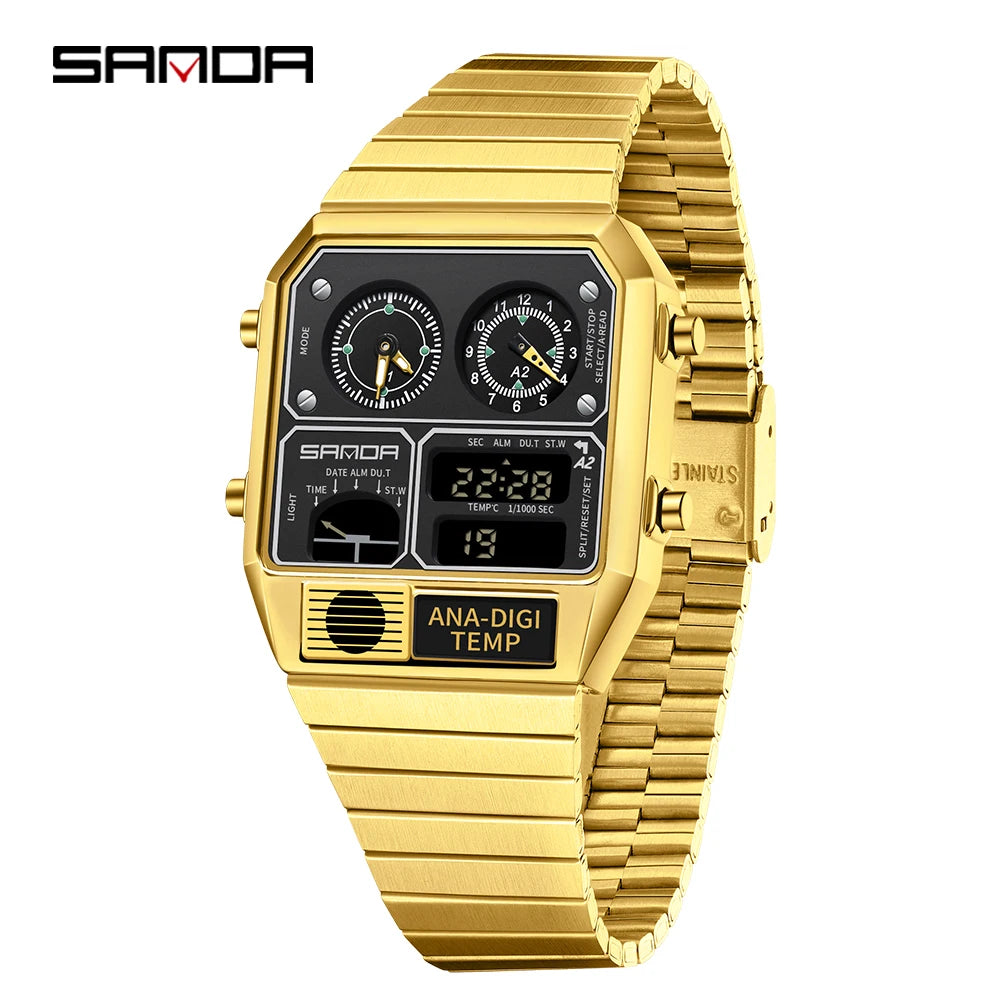 "SANDA Square Digital Watch - Steel Band with Temperature & Stopwatch"