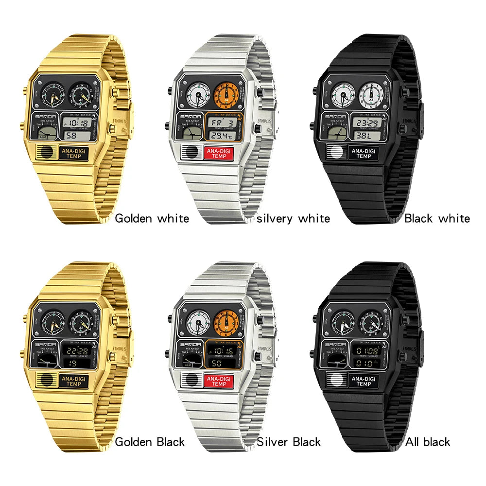 "SANDA Square Digital Watch - Steel Band with Temperature & Stopwatch"