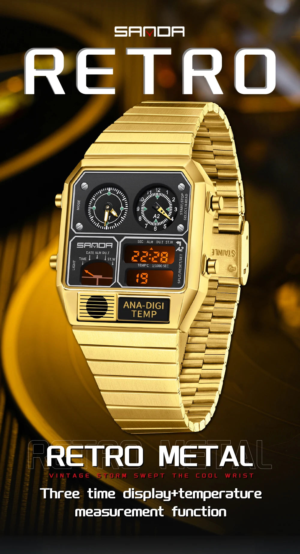 "SANDA Square Digital Watch - Steel Band with Temperature & Stopwatch"