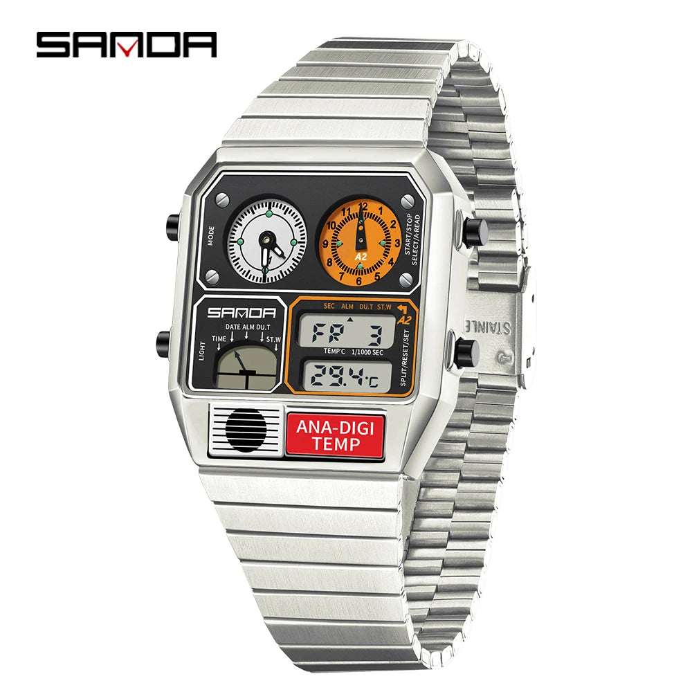 "SANDA Square Digital Watch - Steel Band with Temperature & Stopwatch"