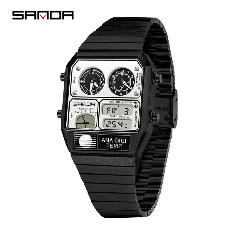 "SANDA Square Digital Watch - Steel Band with Temperature & Stopwatch"