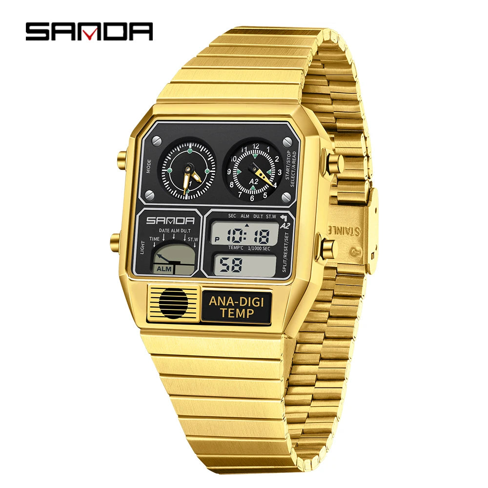 "SANDA Square Digital Watch - Steel Band with Temperature & Stopwatch"