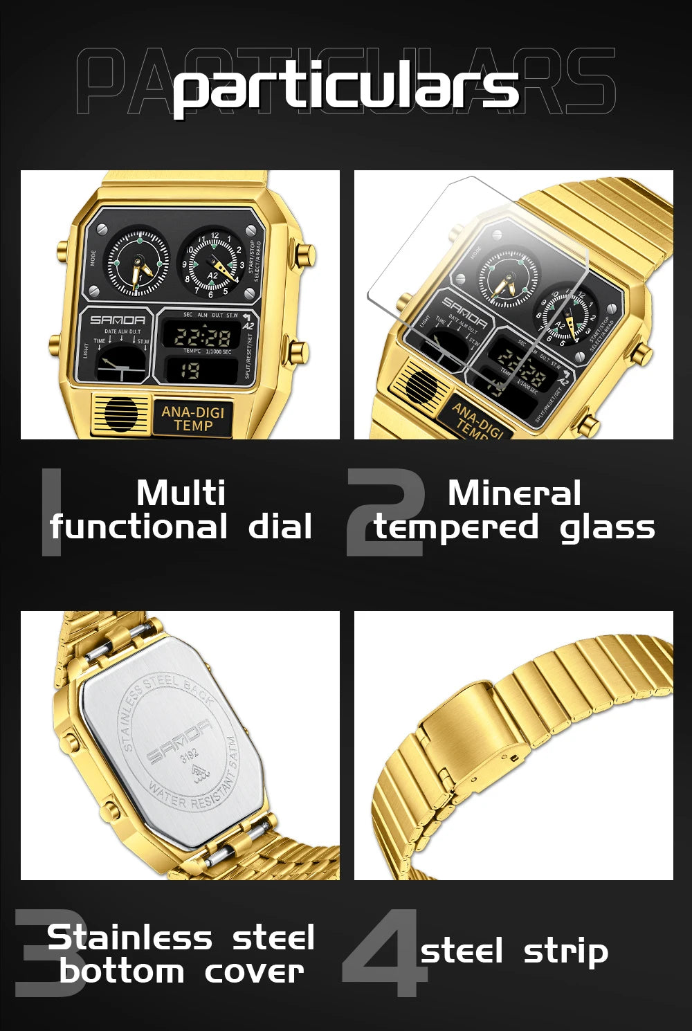 "SANDA Square Digital Watch - Steel Band with Temperature & Stopwatch"
