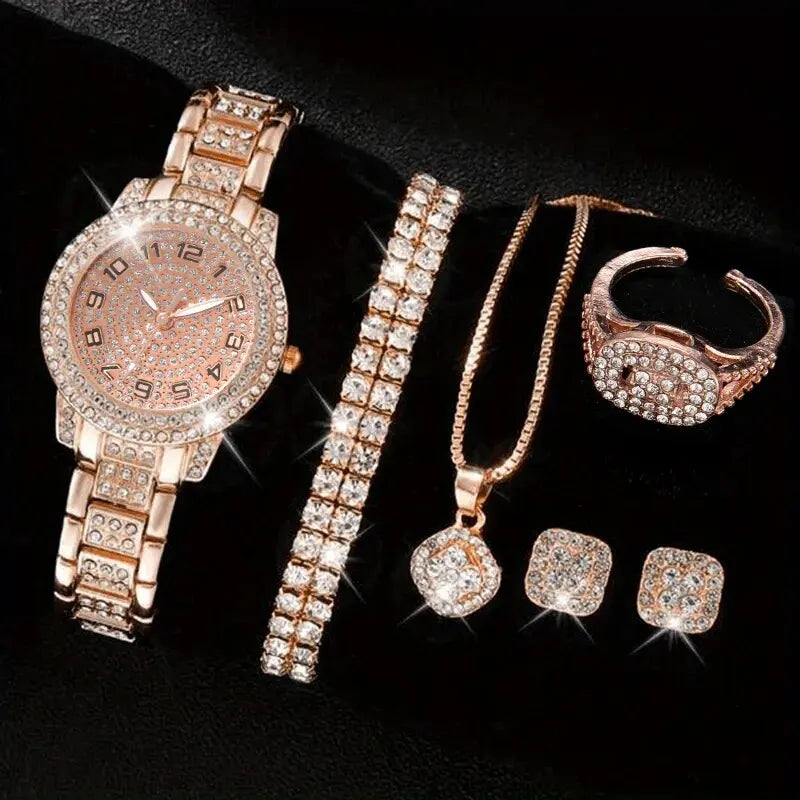 Luxury Rhinestone Jewelry Set (6 Pieces) – Watch, Bracelet, Necklace, Ring & Earrings