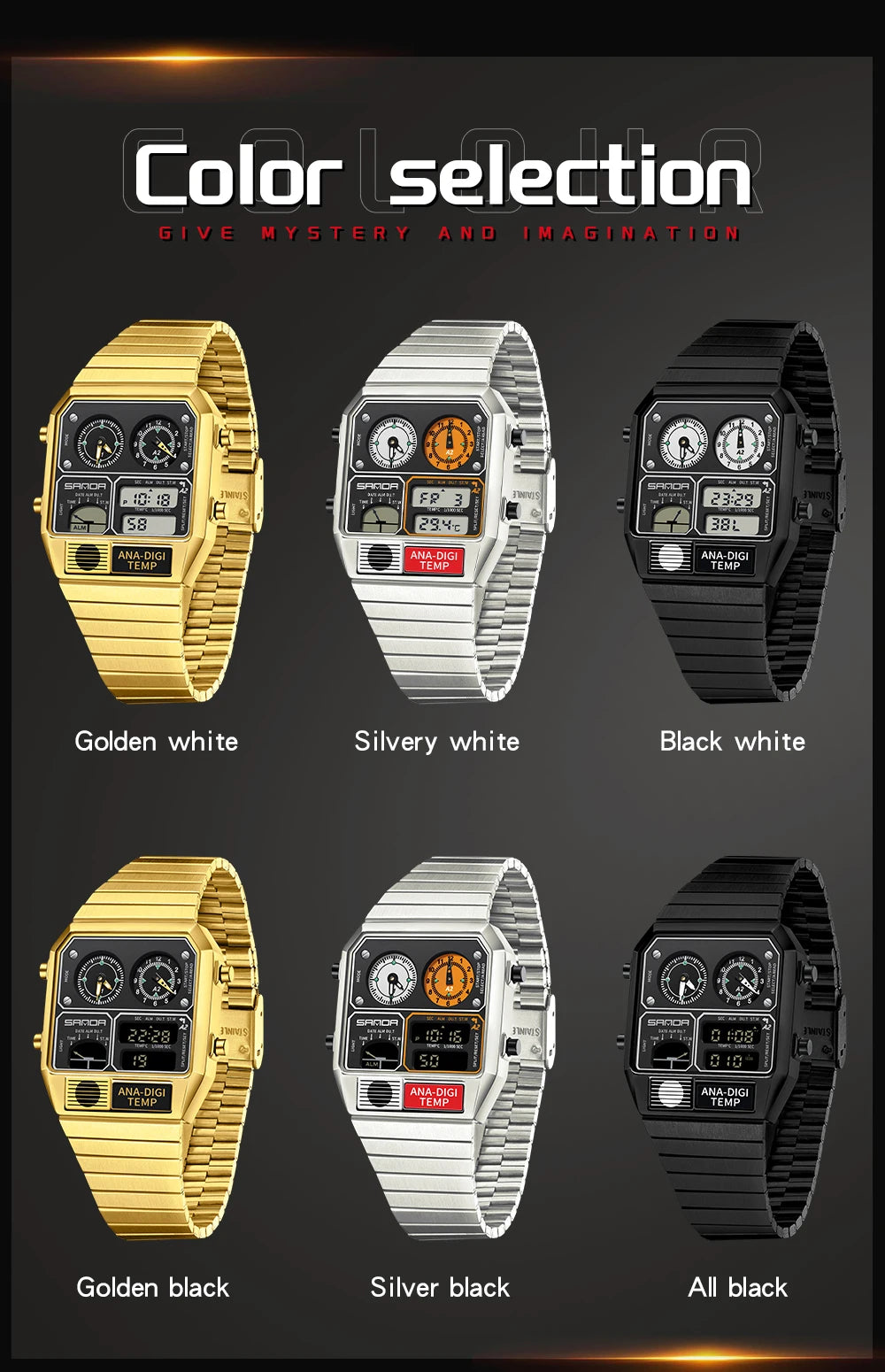 "SANDA Square Digital Watch - Steel Band with Temperature & Stopwatch"