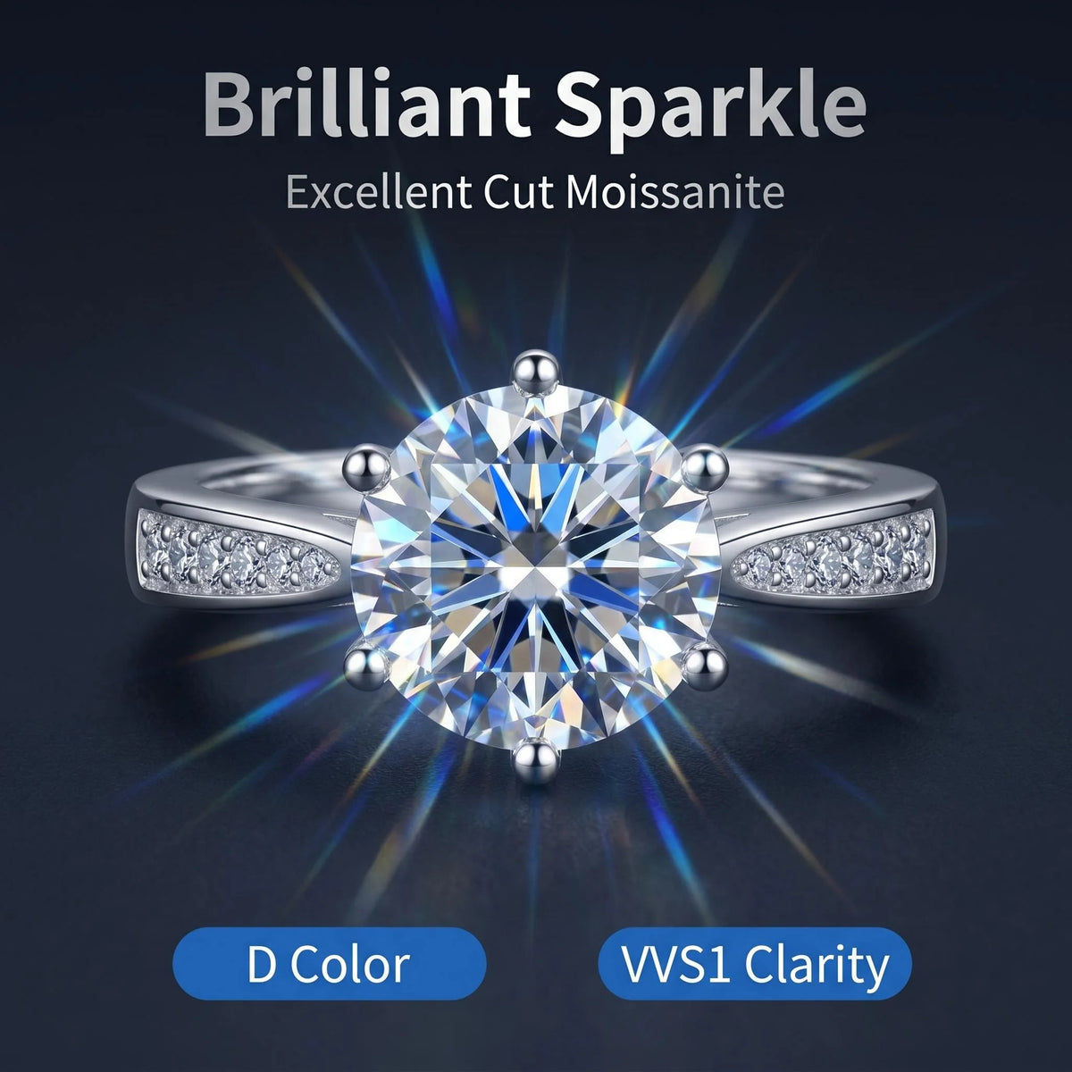"Moissanite Ring - 925 Sterling Silver VVS1 6-Claw Setting"