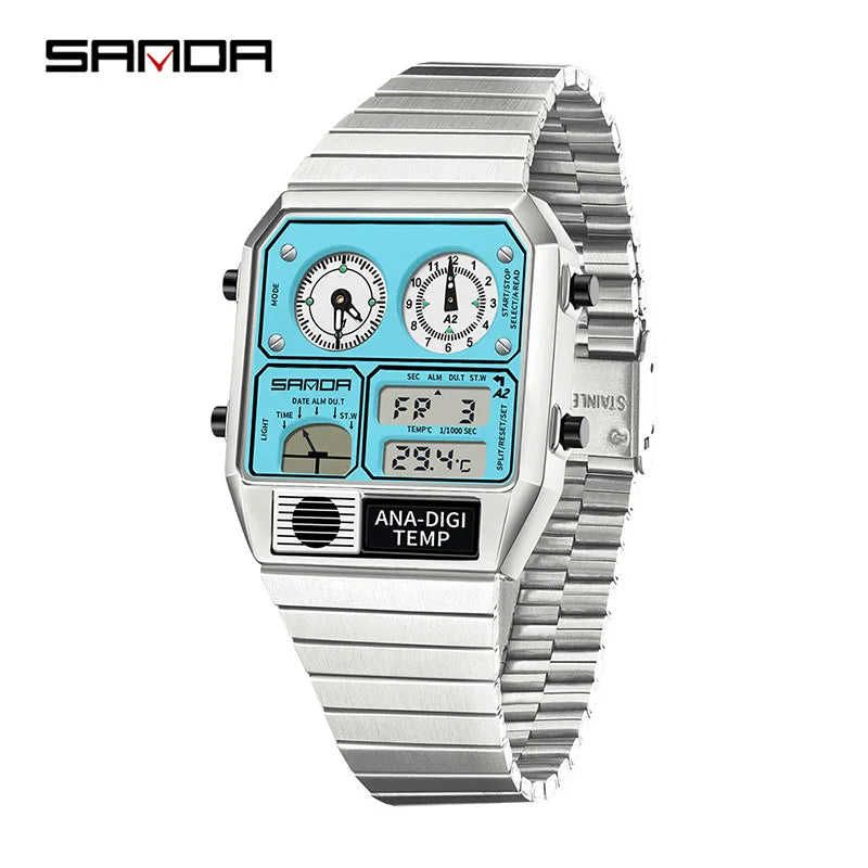 "SANDA Square Digital Watch - Steel Band with Temperature & Stopwatch"