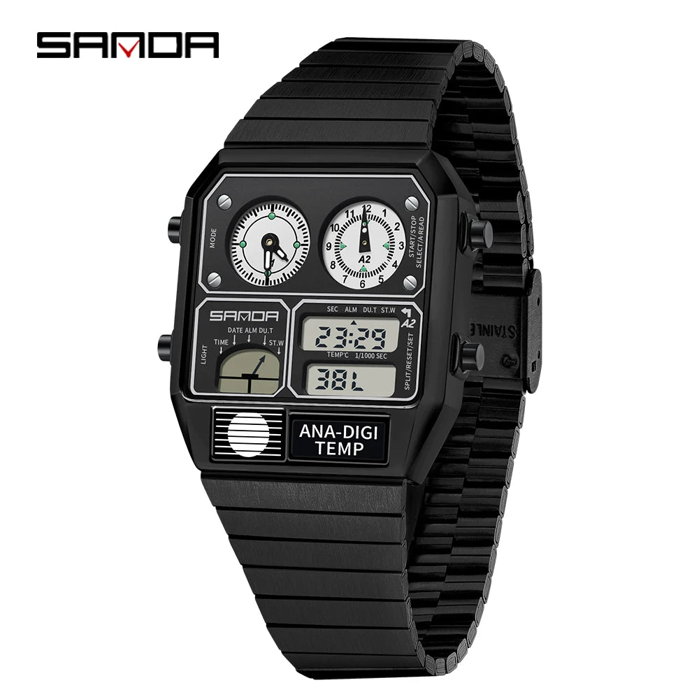 "SANDA Square Digital Watch - Steel Band with Temperature & Stopwatch"