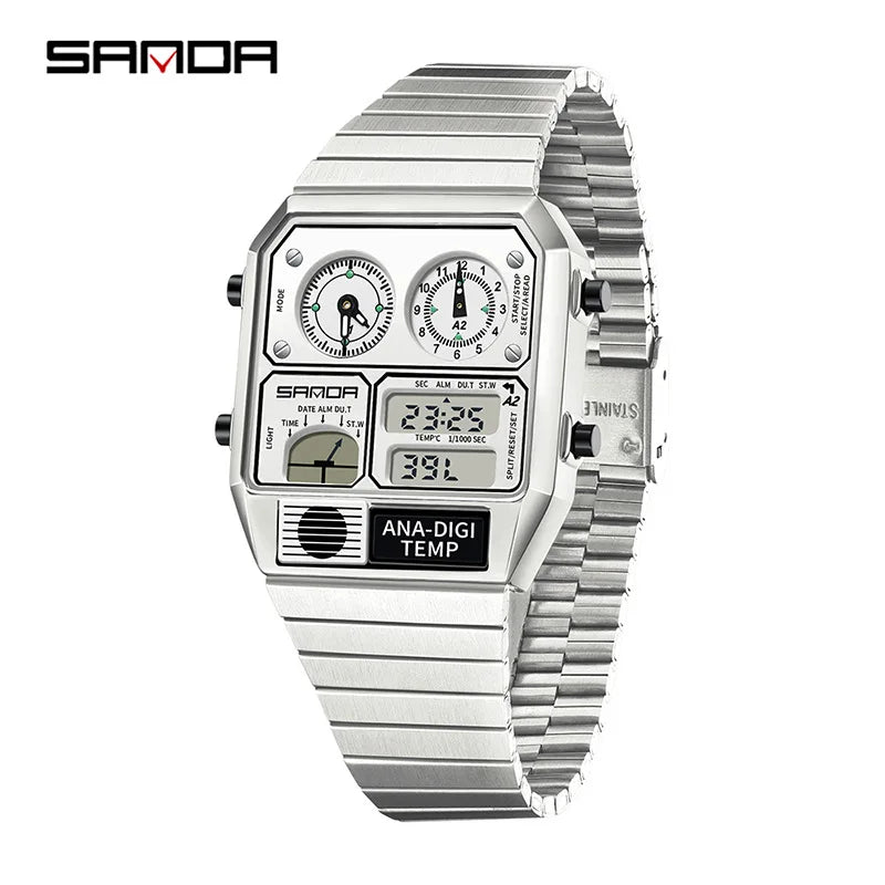 "SANDA Square Digital Watch - Steel Band with Temperature & Stopwatch"