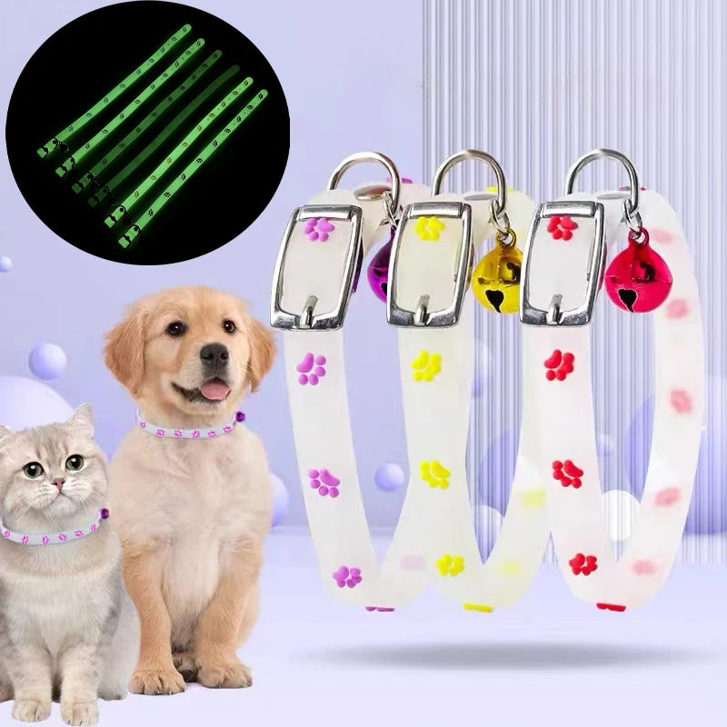 "Glow-in-the-Dark Pet Collar - Adjustable Luminous Collar with Paw Charm"