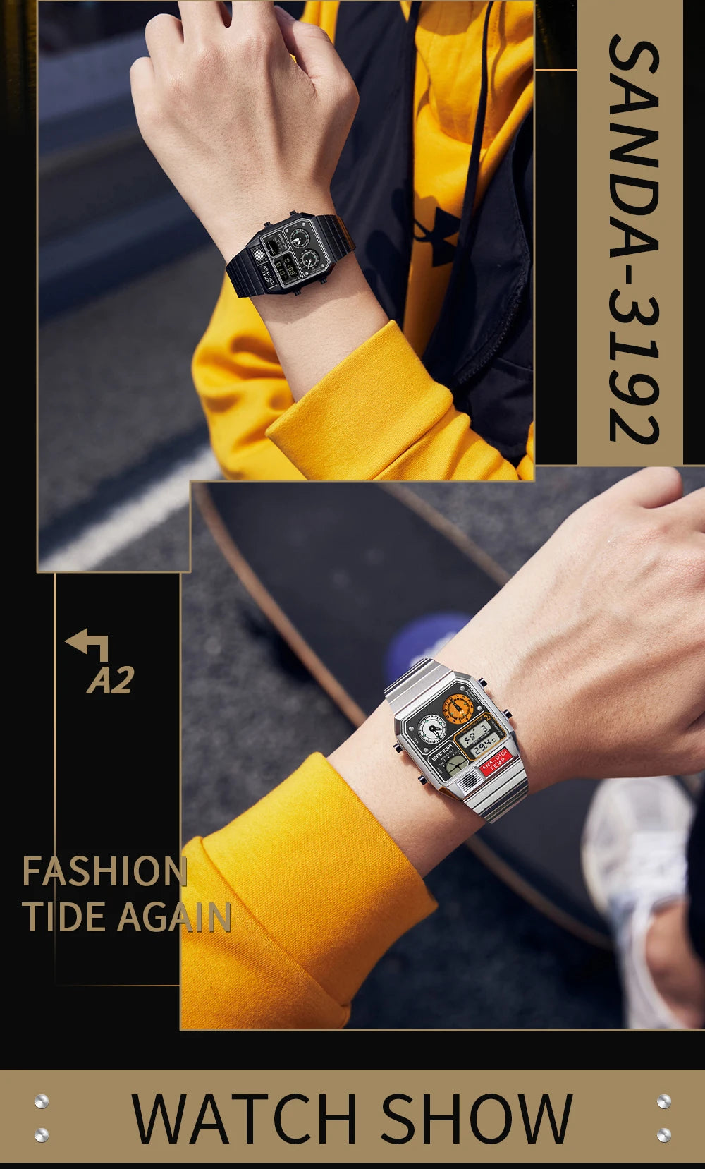"SANDA Square Digital Watch - Steel Band with Temperature & Stopwatch"