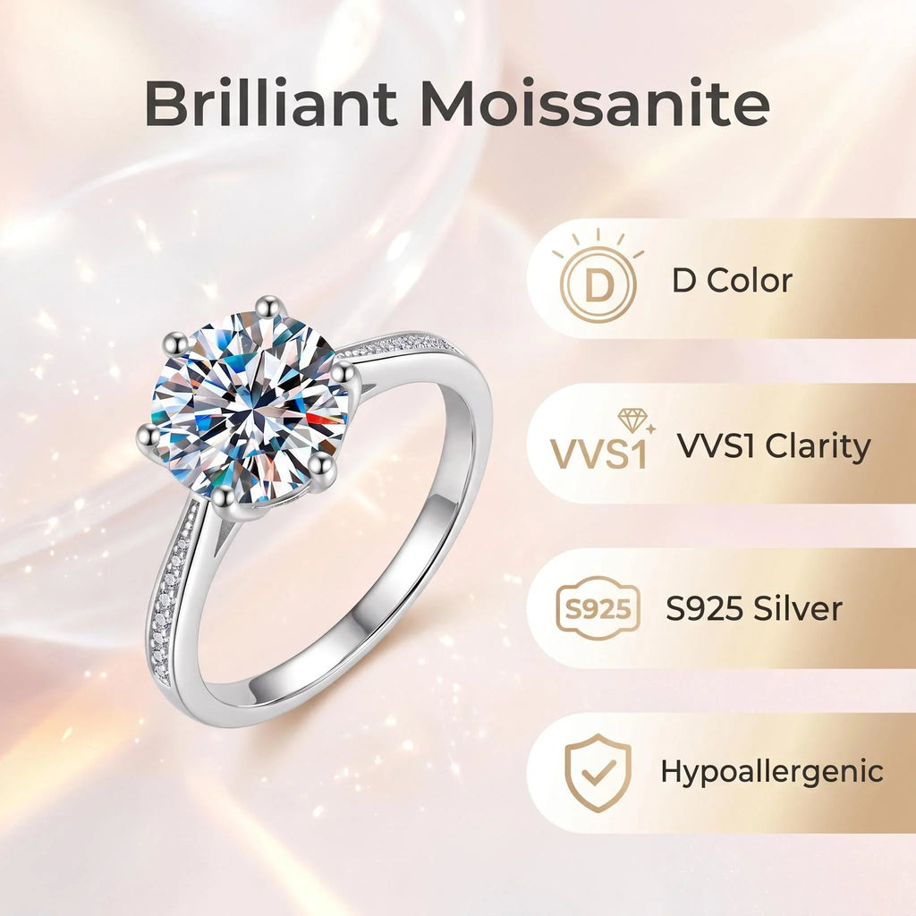 "Moissanite Ring - 925 Sterling Silver VVS1 6-Claw Setting"