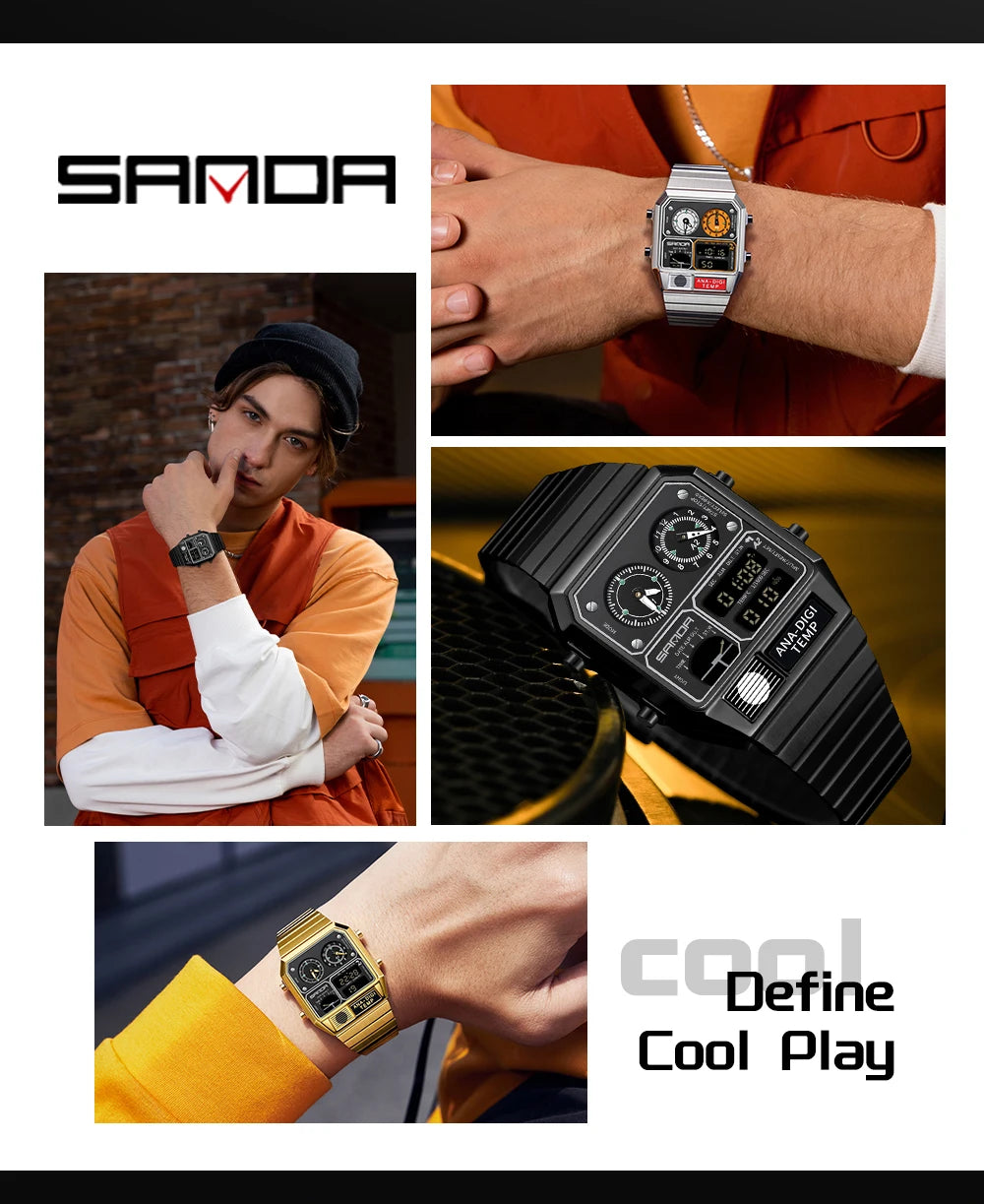 "SANDA Square Digital Watch - Steel Band with Temperature & Stopwatch"