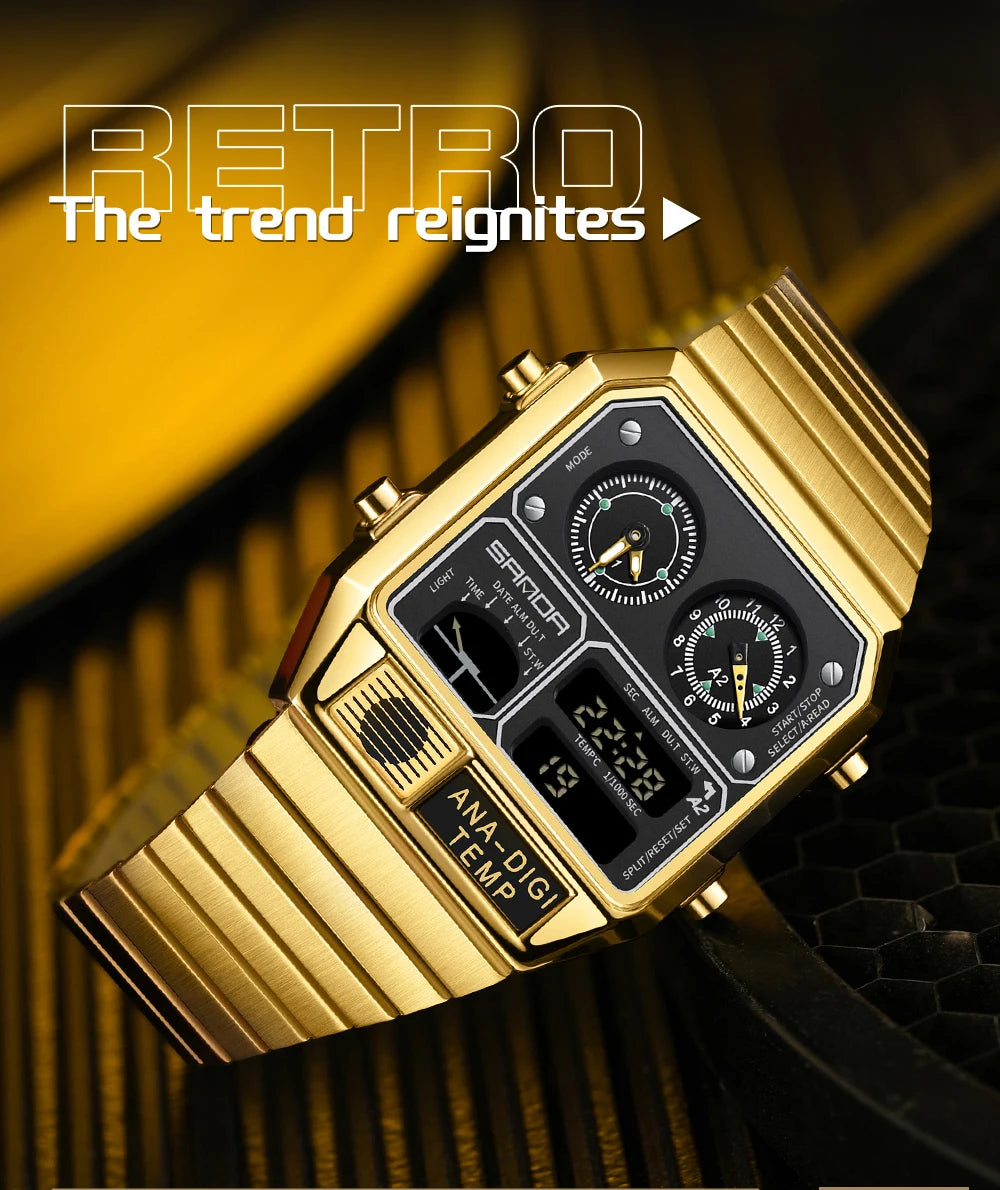 "SANDA Square Digital Watch - Steel Band with Temperature & Stopwatch"