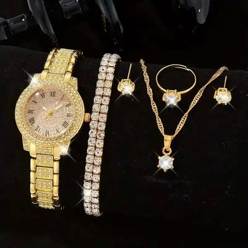 Luxury Rhinestone Jewelry Set (6 Pieces) – Watch, Bracelet, Necklace, Ring & Earrings
