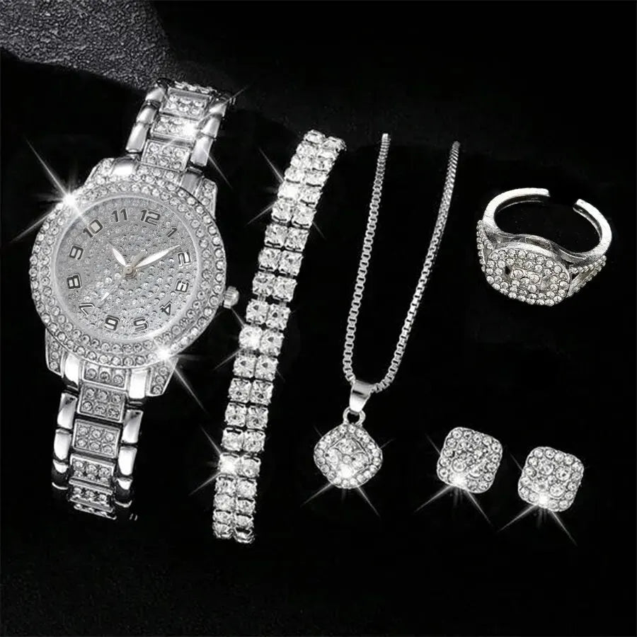 Luxury Rhinestone Jewelry Set (6 Pieces) – Watch, Bracelet, Necklace, Ring & Earrings