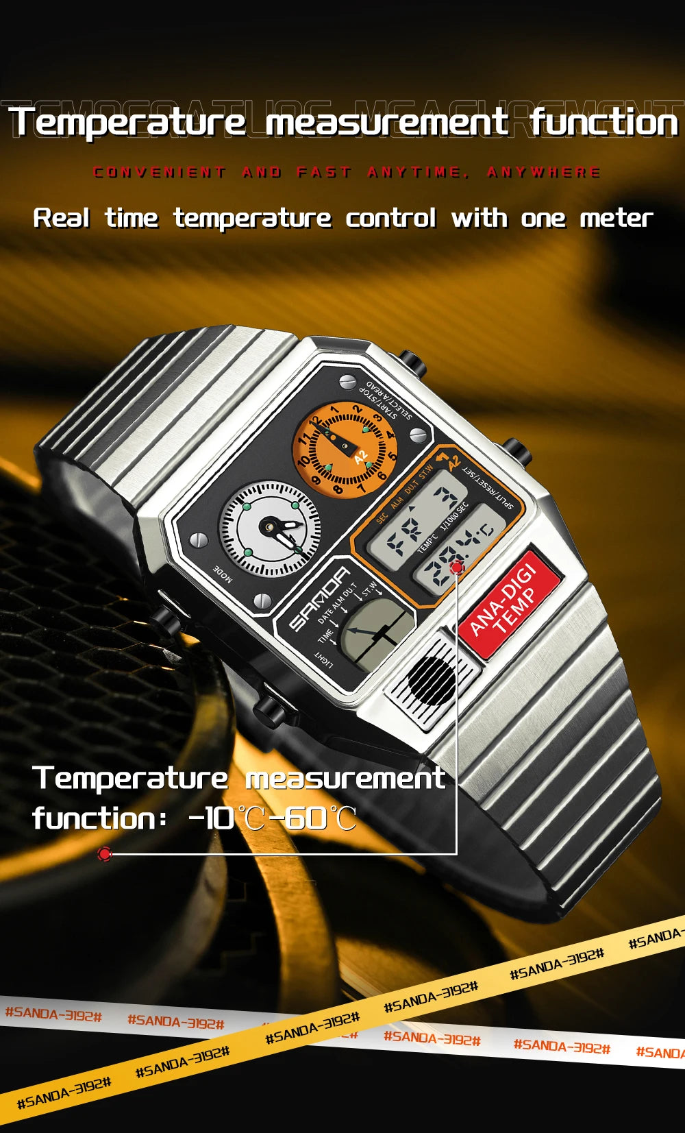"SANDA Square Digital Watch - Steel Band with Temperature & Stopwatch"
