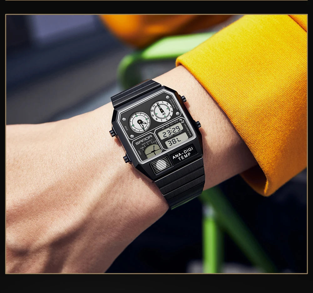 "SANDA Square Digital Watch - Steel Band with Temperature & Stopwatch"